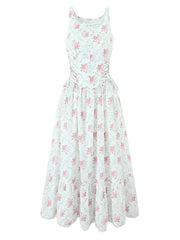 Fashion Floral Print Drawstring Ruffle Midi Dress