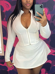 Stand Collar Zipper Slim Top Mini Skirt Set