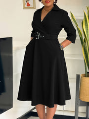 Fashion Deep V Turn-down Collar Belt A-Line Dress
