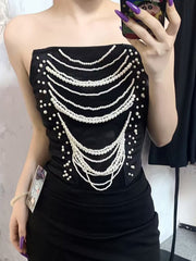 Fashion Pearl Chain Embellished Mesh Patchwork Tube Top