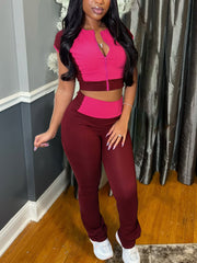 Round Collar Zipper Cropped Top High Waist Pant Sets