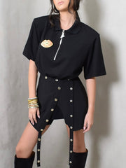 Fashion Zip Up T-shirt Slit Mini Skirt Two Piece Set