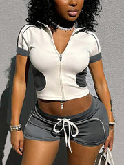 Fashion Zip Crop Tops Shorts Matching Tracksuit Set