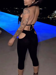 Lace-up Furry Tops High Waist Hollow Capri Pants Sets