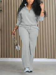 Casual Zipper Top Drawstring Pants Sports 2 Piece Set