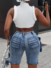 Casual High Waist Stretch Cargo Denim Shorts