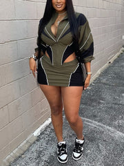 Sexy Hollow Out Zipper Patchwork Top Mini Skirt Sets