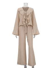 Casual V-Neck Ruffles Lace-up Shirt Wide Leg Pants Sets