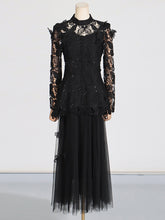 Elegant Embroider Hollow Tops Mesh Pleated Skirt Sets