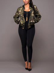 Casual Zip Long Sleeve Camo Print Jacket