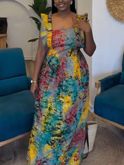 Fashion Print Backless Lace-up Pleated Maxi Dress