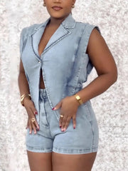 Denim Sleeveless Suit Collar Stretchy Waist Romper