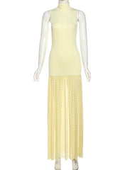 High Collar Polka Dot Sheer Mesh Patchwork Maxi Dress