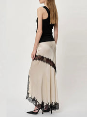 Fashion Satin Lace Patchwork Slit Long Skirt