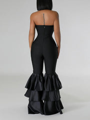 Sexy Strapless Ruffed Patchwork Bodycon Jumpsuit