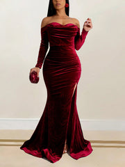 Off Shoulder Slit Mermaid Hem Velvet Gowns Maxi Dress