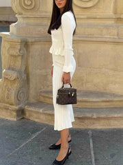 Ruffled V-neck Top Flared Skirt Knit Matching Set