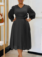 Elegant V-neck Puff Sleeve Slim A-line Dress