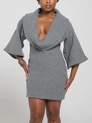 Sexy Solid Turn-down Collar knit Loose Mini Dress