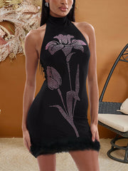 Sexy Rhinestones Halter Fur Trim Slim Mini Dress