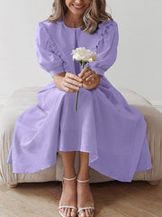 Elegant Puff-Sleeve High Waist A-Line Midi Dress