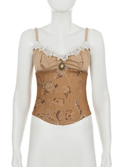 Vintage Print Lace Patchwork Tube Top Knit Skirt Sets