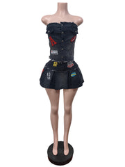 Sexy Wrap Chest Embroidery Denim Tube Pleated Skirt Set