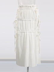 Retro Drawstring Slit Pleated Skirt