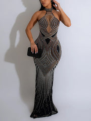 Halter Sheer Mesh Rhinestone Club Dress