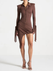 Turn-down Collar Draped Asymmetric Mini Dress