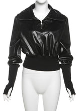 PU Leather Patchwork High Collar Hoodie