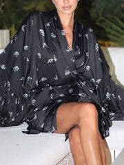 Casual Butterfly Print Bubble Sleeve Lace-up Mini Dress