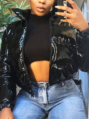 Fashion Lustrous PU Leather Cropped Puffer Coat