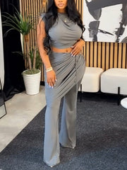 Fashion Sleeveless Crop Top And Trousers Two-Piece Set