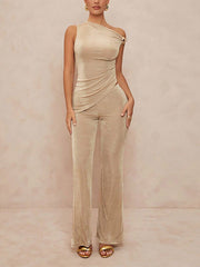 Elegant Sloping Neck Slim Top Flared Pants Sets