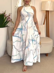 Elegant Print Halter Sleeveless Ruffle Hem Maxi Dress