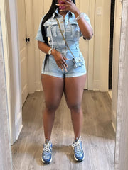 Casual Turn Down Collar Cargo Denim Romper