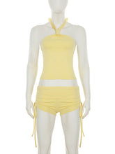Sexy Halter Crop Top Side Drawstring Shorts Sets