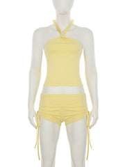 Sexy Halter Crop Top Side Drawstring Shorts Sets