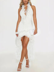 Sexy Halter Ruffles Ruched Mesh Mini Dress