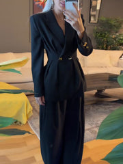 Fashion Cinched Waist Blazer Straight Pants Suit
