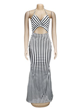 Sexy Striped Print Backless Hollow Out Maxi Dress