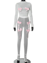 O Neck Long Sleeve Bow Decor See-Through Two Pieces