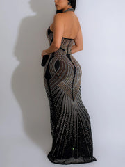 Halter Sheer Mesh Rhinestone Club Dress