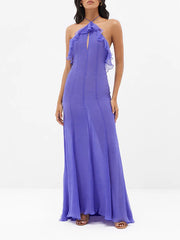 Elegant Sheer Mesh Ruffle Backless Halter Maxi Dress