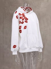 Casual Lips Print Loose Hoodie