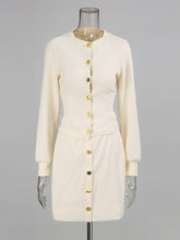 Fashion Metal Button Cardigan Top High Waist Skirt Set