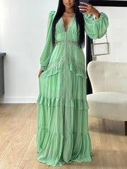 Sexy V-neck Patchwork Ruffle Split Maxi Dress