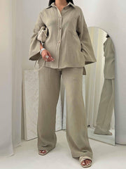 Casual Pleated Long Sleeve Shirt And Pants Sets