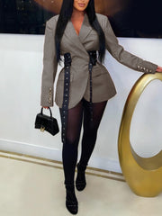 Fashion Notched Collar Patchwork Belt Blazer